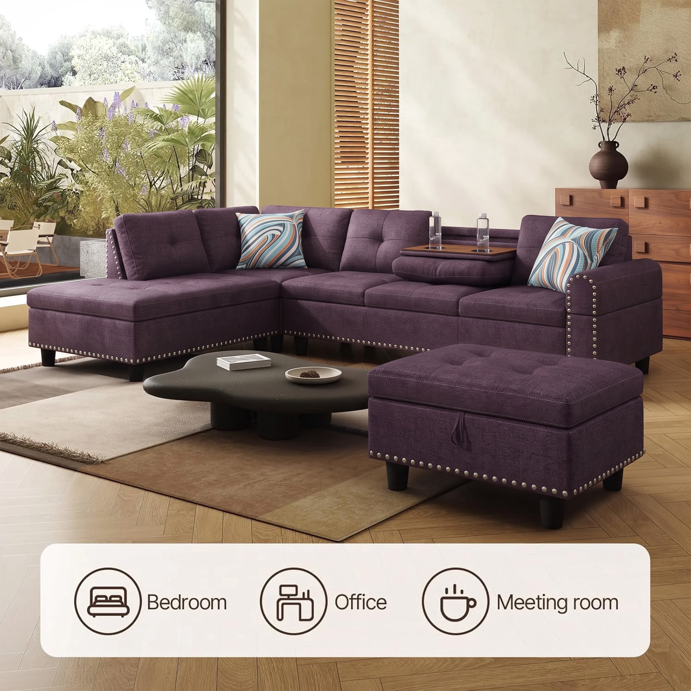AENKYO 98" L-Shaped Sectional Sofa with Reversible Chaise, Storage Ottoman & Cup Holders, Linen, Purple