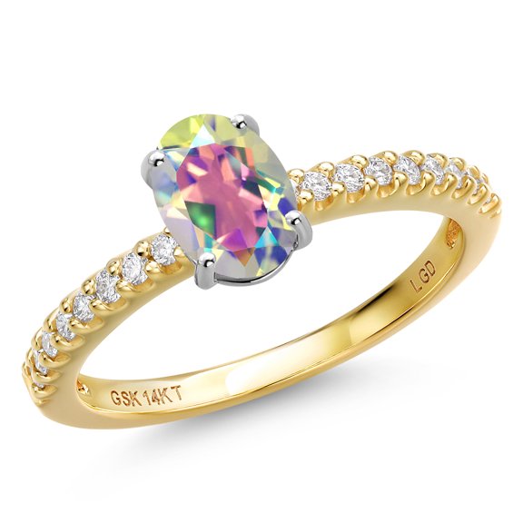 Gem Stone King 14K Two Tone Gold Mercury Mist Mystic Topaz and Lab Grown Diamond Engagement Ring for Women | 1.16 Cttw | Oval 7X5MM | Gemstone November Birthstone | Size 7