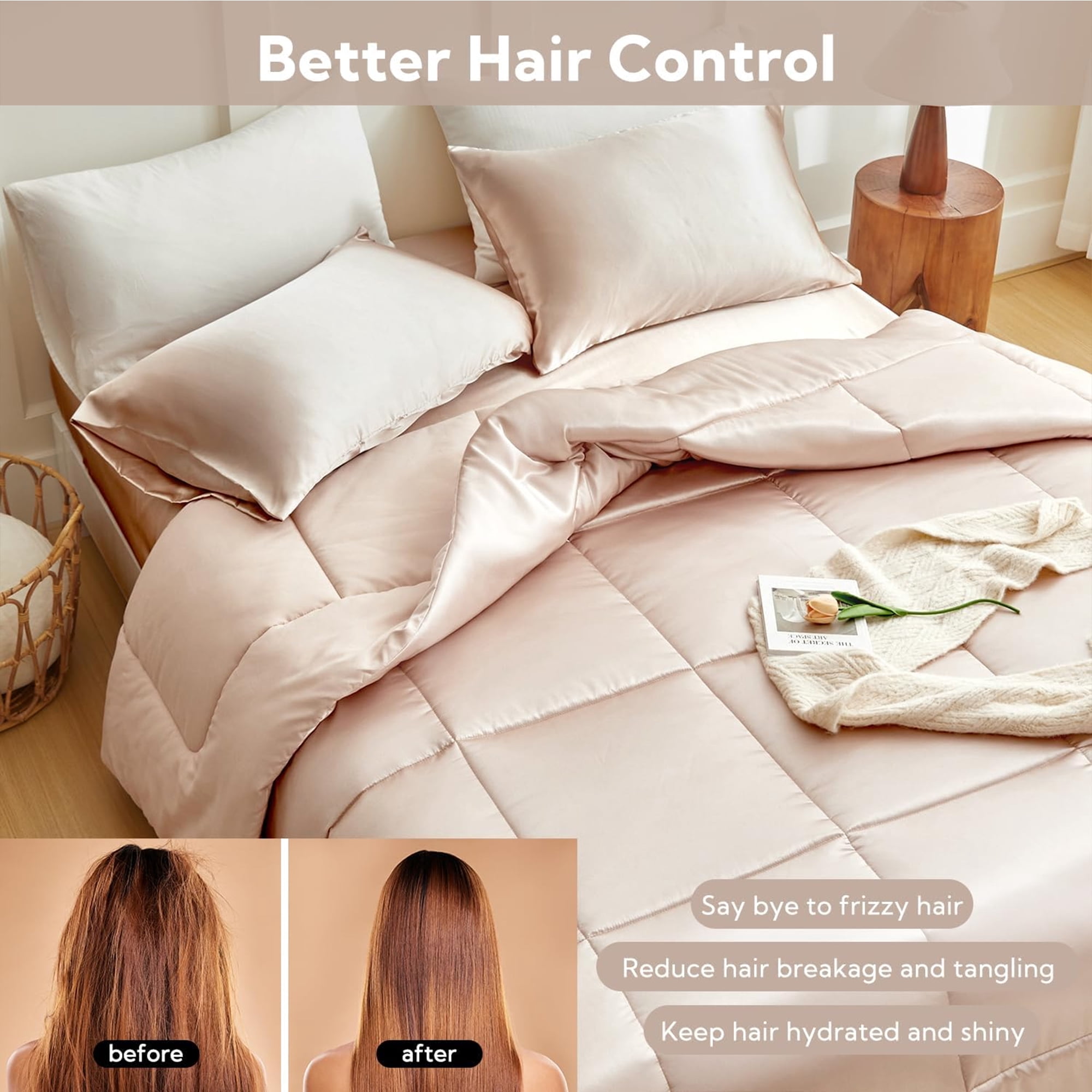 MR&HM Reversible Satin Microfiber Comforter 3 Pieces Queen Size, Champagne Queen Comforter Set for All Seasons, Silky Soft Satin Comforter for Hair and Skin, with Satin Pillowcases Set of 2