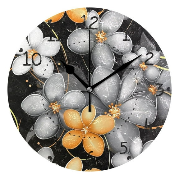 Silver and Orange Flower Round Wall Clock Silent Battery Operated Home Decor for Living Room Bedroom