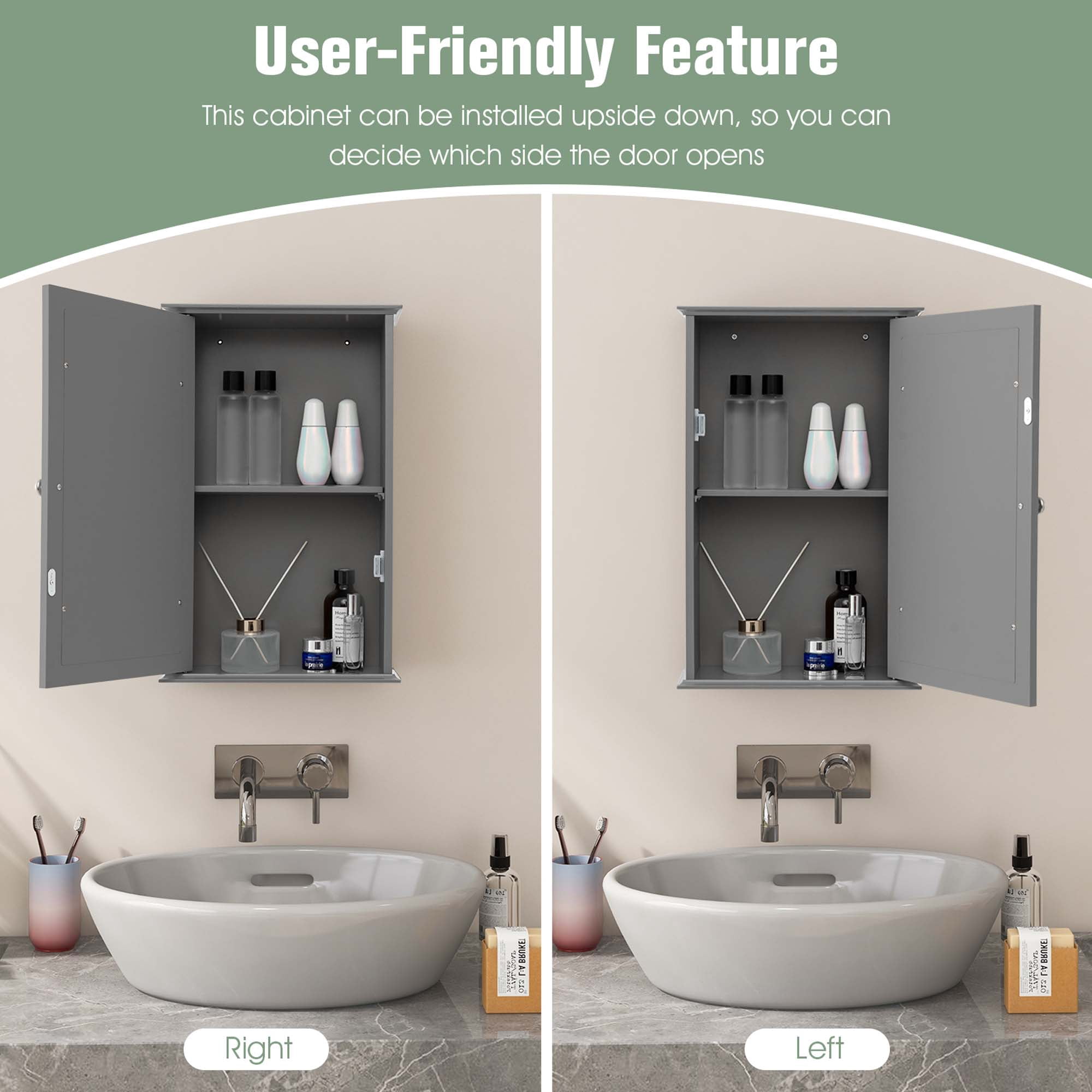 Costway Bathroom Wall Cabinet Single Mirror Door Cupboard Storage Medicine Cabinet Wood Shelf Grey