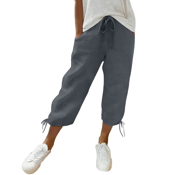 Sexlip Women's Capri Pants All Season relaxed fit cotton linen cotton with pockets casual high quality soft and comfortable Gray M