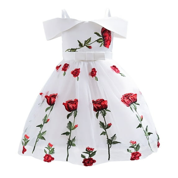 Girl's Off Shoulder Tulle Dress Flower Embroidery Pageant Wedding Gown