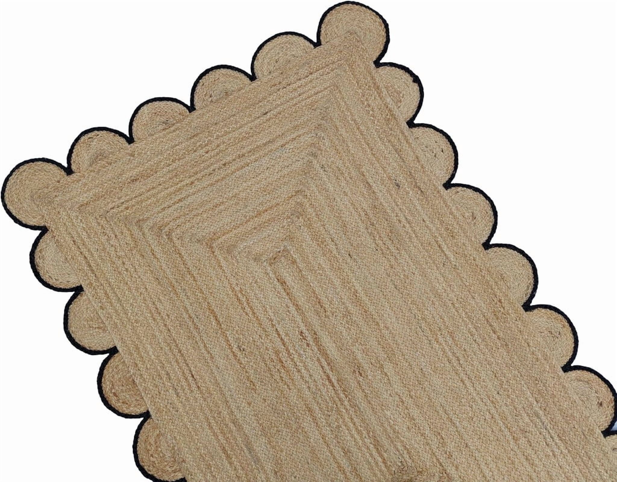 3x9 Ft Black Border Premium Scalloped Jute Rug – Handcrafted Natural Braided Carpet for Living Room, Bedroom, Entryway – Boho Home Decor