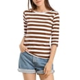 thumbnail image 6 of MODA NOVA Juniors Unlined Round Neck Elbow Sleeves Slim Fit Casual T-Shirt Brown White XL, 6 of 7