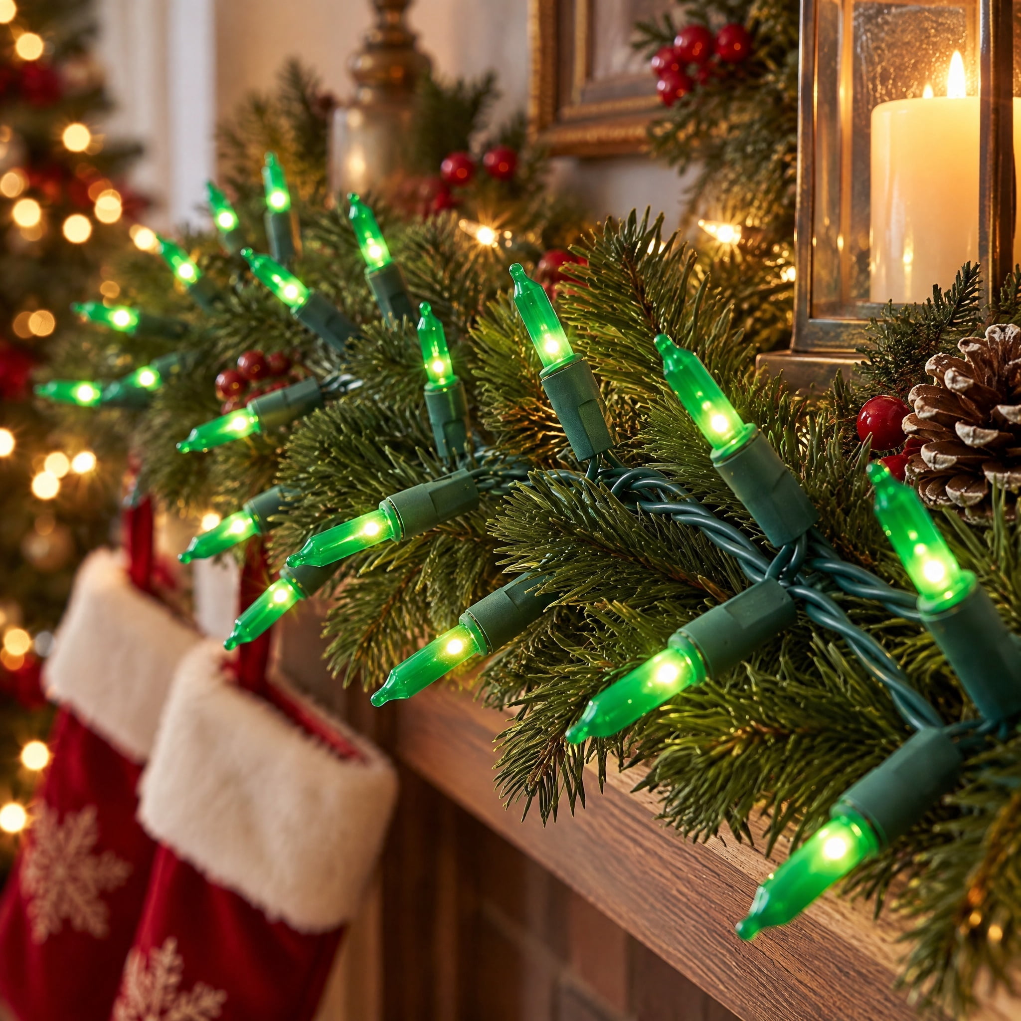 Indoor/Outdoor 100-Count LED Mini Christmas String Lights, Green, Green Wire, 19.5', by Holiday Time