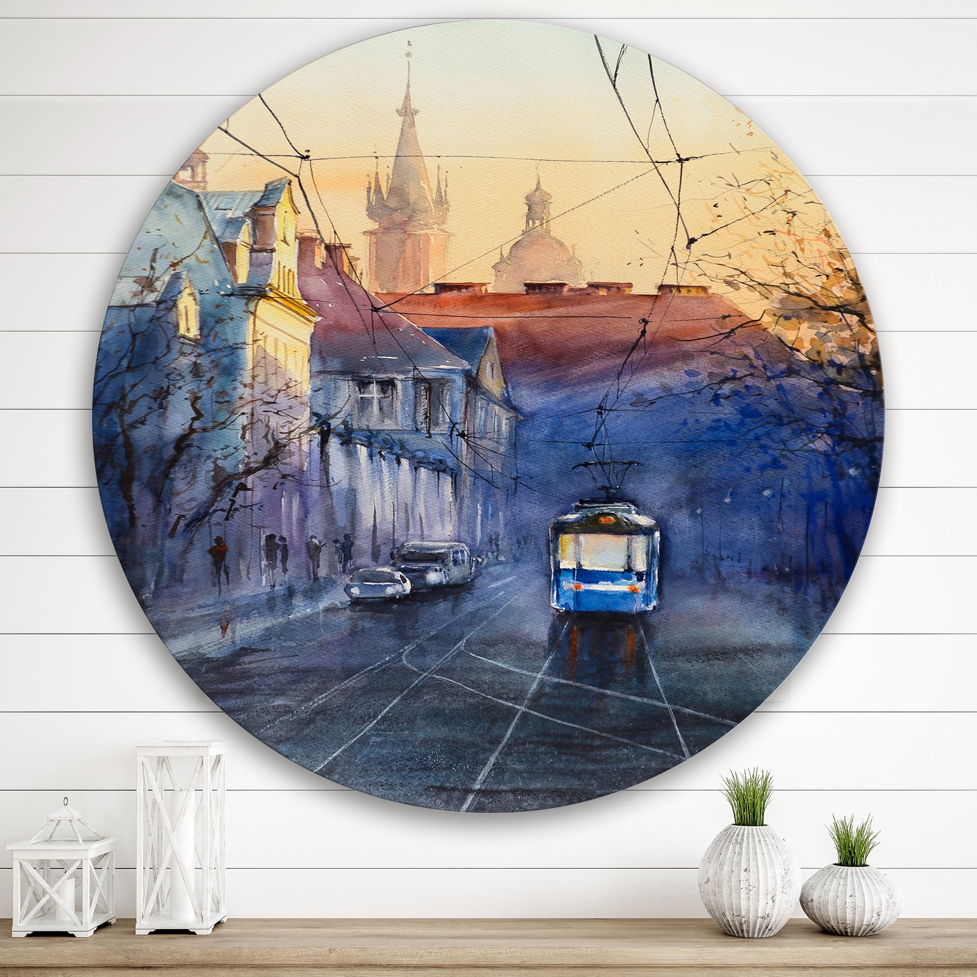 Designart 'Blue Tram At Sunset With Church During Sunset Cityscape' Nautical & Coastal Circle Metal Wall Art 36x36 - Disc of 36