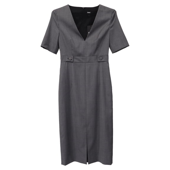 Pre-Owned Boss Danorla Pinstripe V-Neck Midi Dress in Grey Wool