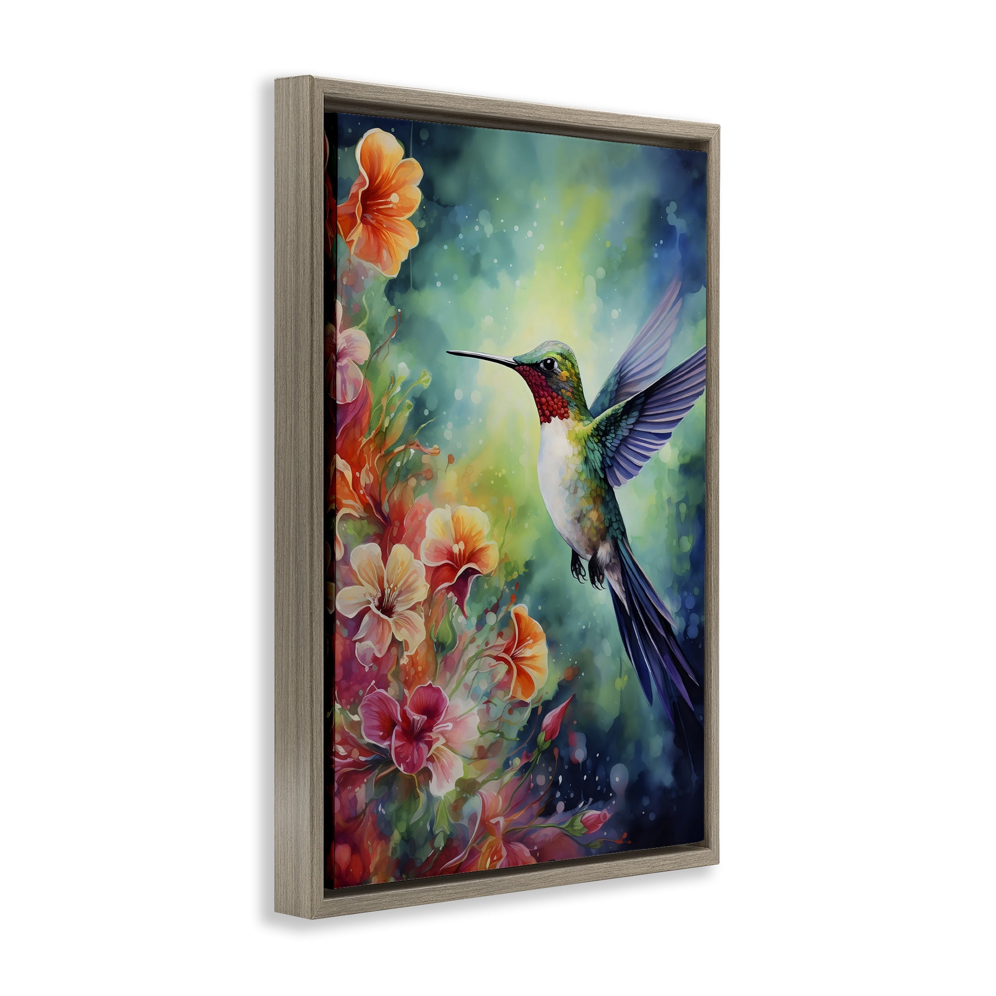 Stupell Industries Fluttering Hummingbird & Radiant Blossoms Brown Framed Floater Canvas Wall Art, design by Creative Studio