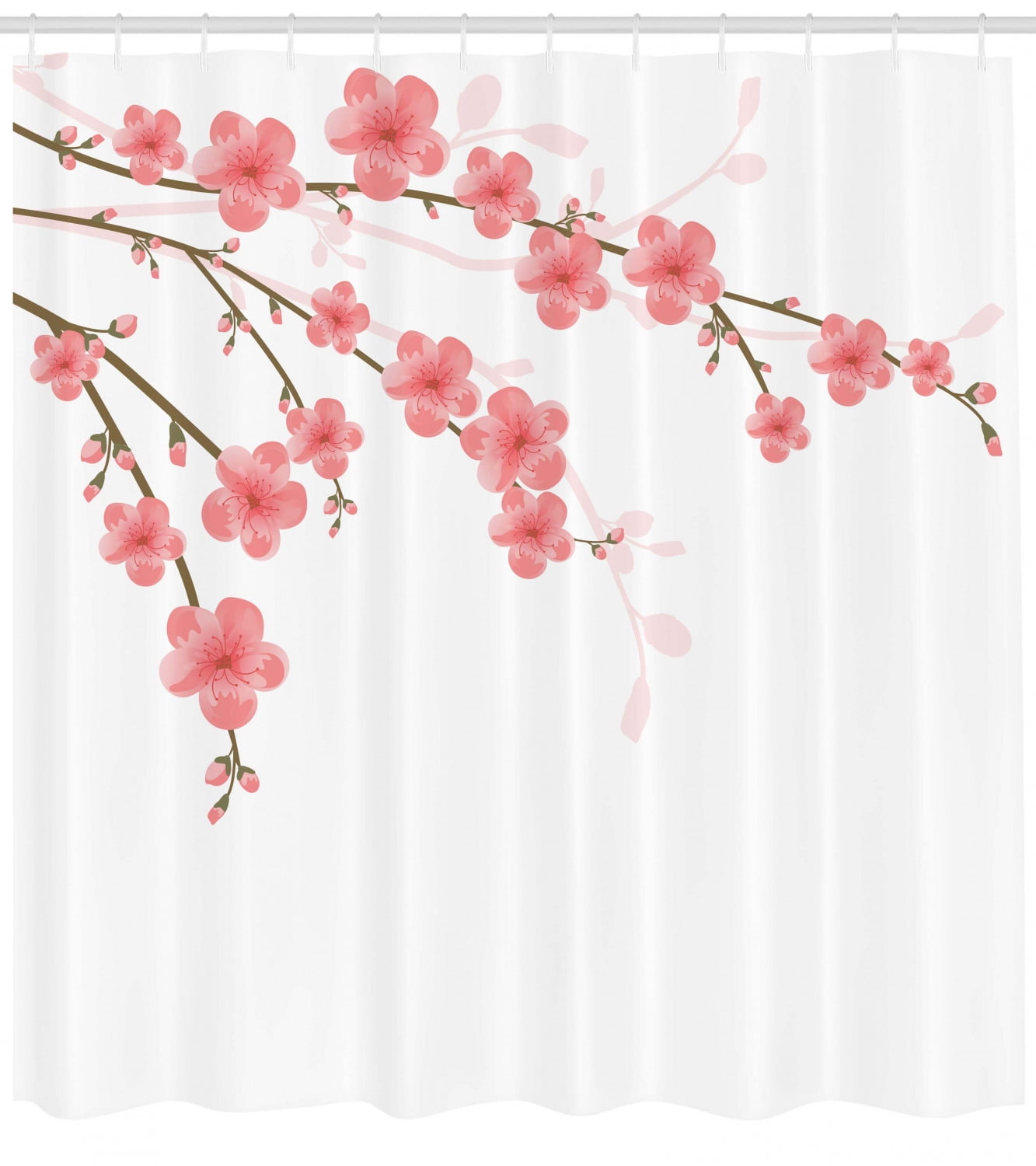 Hooks Bright Blue Pale Pink Cherry Blossom Tree Bathroom Shower Curtain-Fabric