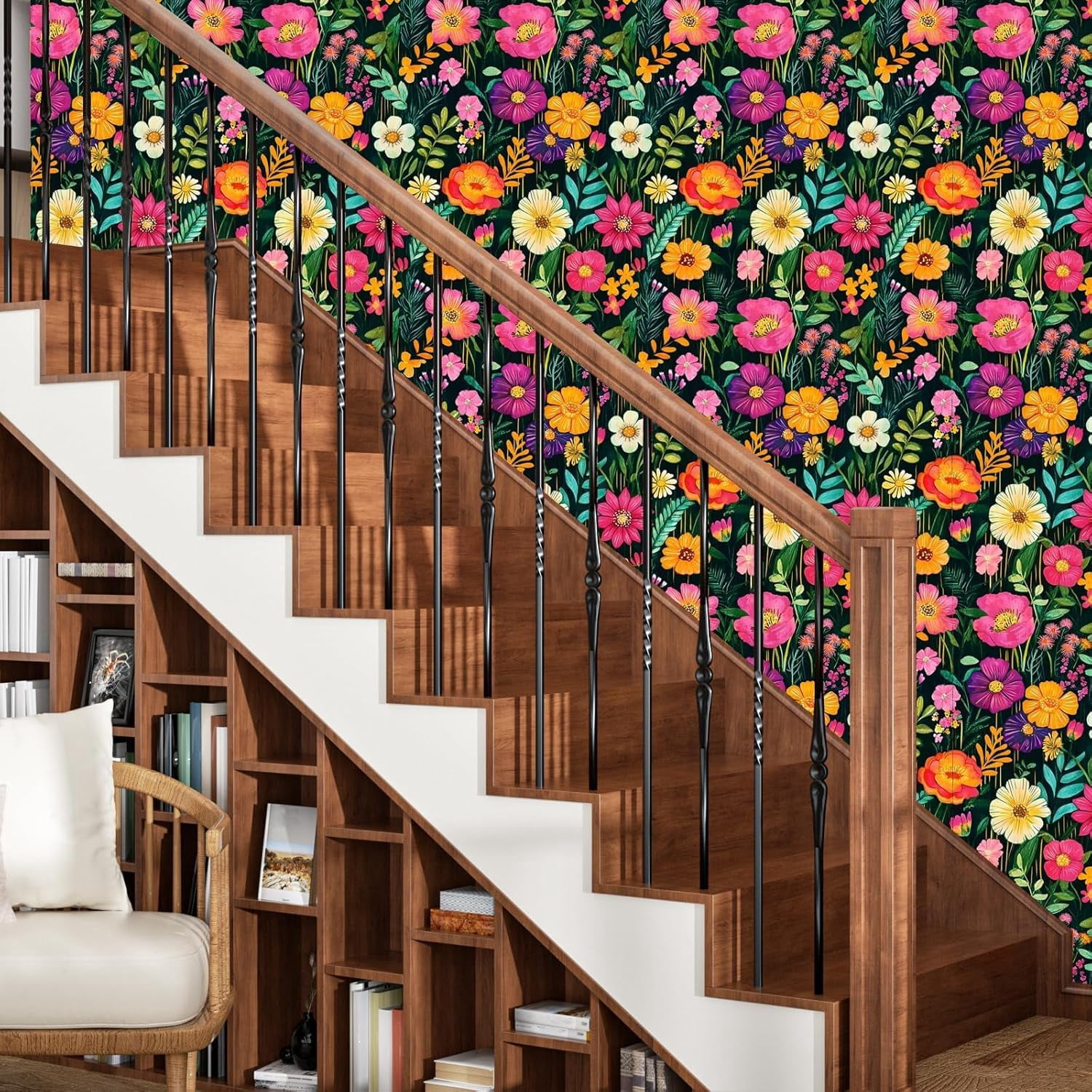 PETGLE Watercolor Floral Wallpaper Peel and Stick Colorful Contact Paper Green Boho Renter Friendly Wall Paper for Countertop Cabinet Wall Shelf Bathroom Removable 17.5 x 118In image 5