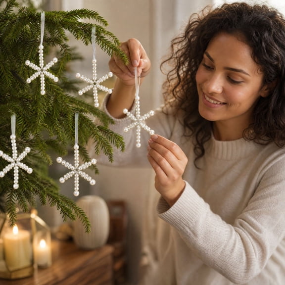 6-Pc Set Of Imitation Pearls Snowflakes Christmas Tree Decorations, White Hanging Ornaments, Winter Party Decor, 3.153.150.39in
