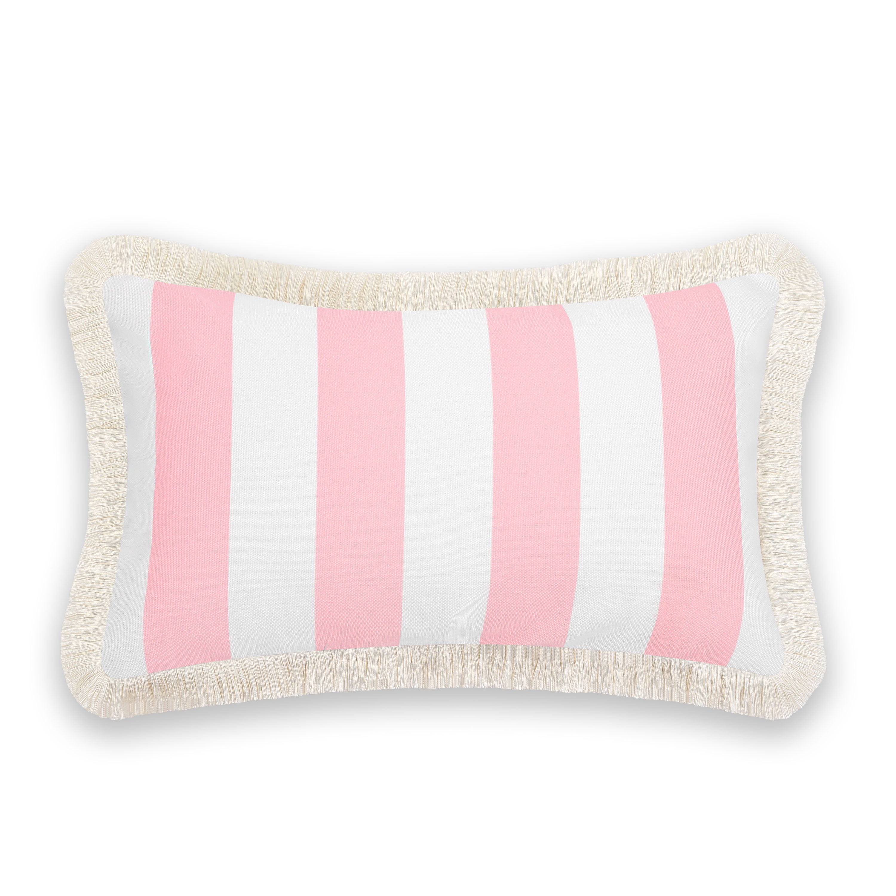 Hofdeco Premium Coastal Patio Indoor Outdoor Lumbar Pillow Cover Only, 12"x20" Water Repellent for Backyard, Couch, Blush Pink Stripe Fringe