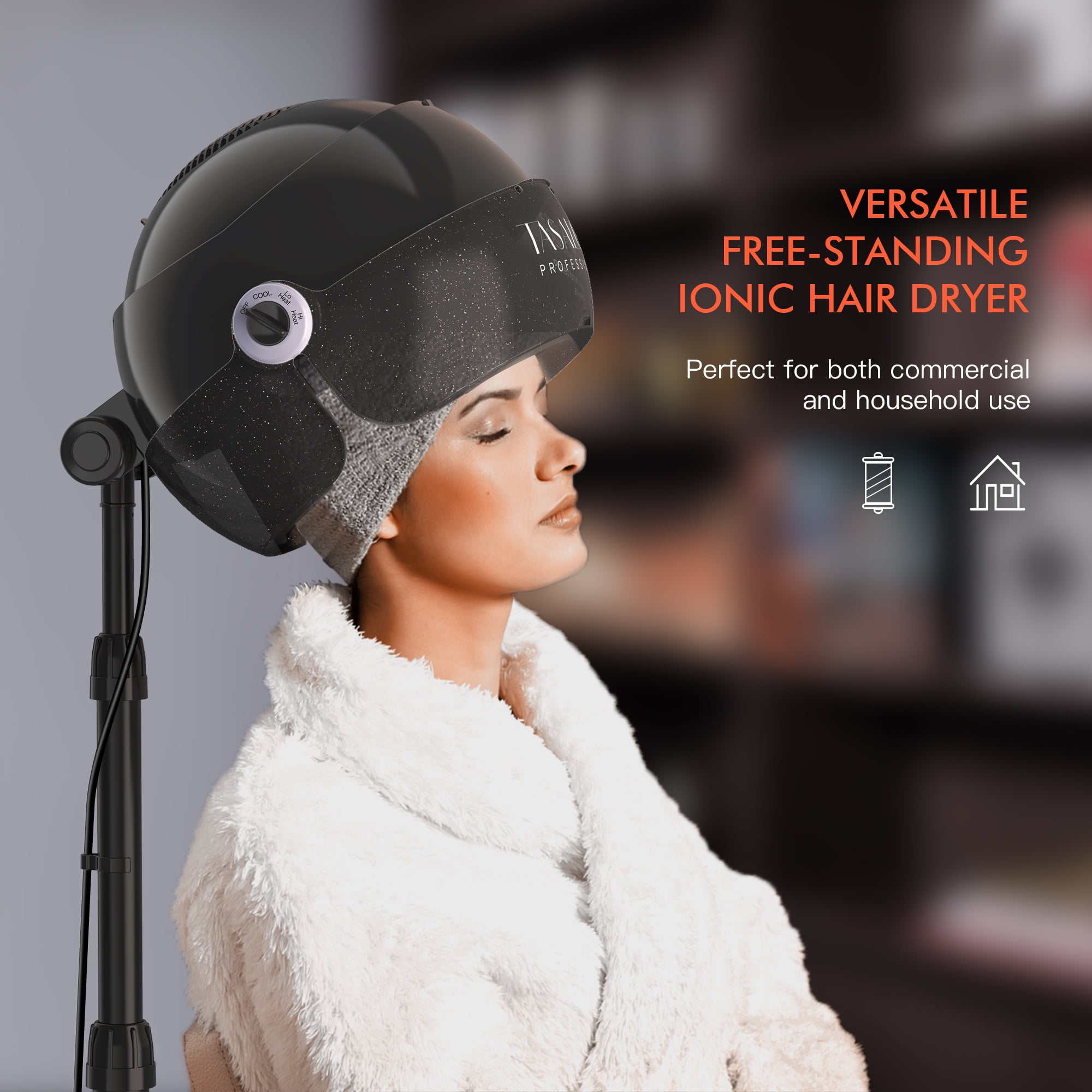 TASALON 1875W Ionic Hood Hair Dryer with Adjustable Stand, 3 Temperature Settings, Rolling Wheels, and Timer, Black