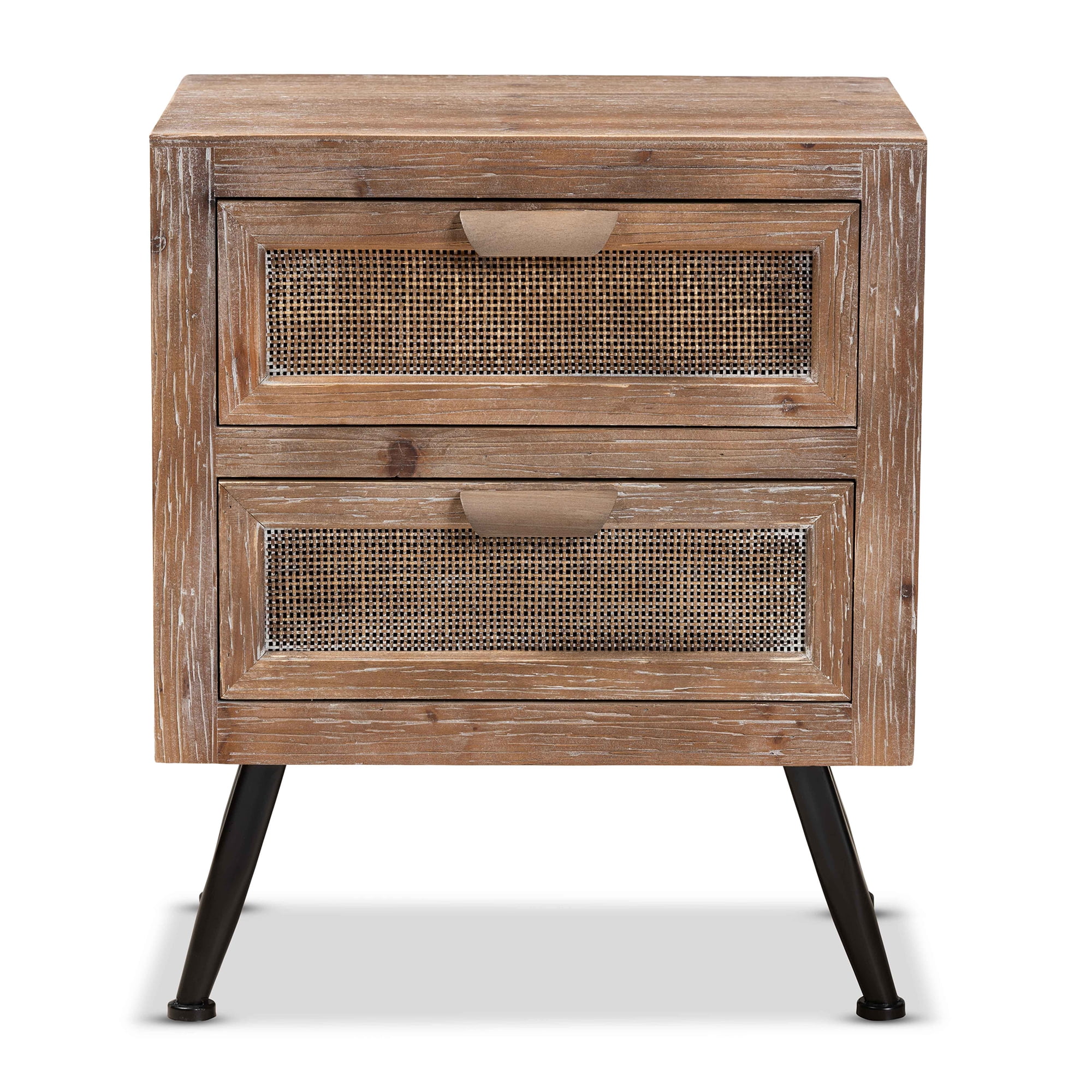 Baxton Studio Calida Mid-Century Modern Whitewashed Natural Brown Finished Wood and Rattan 2-Drawer End Table
