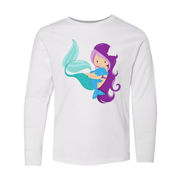 Inktastic Cute Mermaid, Little Mermaid, Purple Hair, Dolphin Long Sleeve Youth T-Shirt