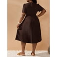 thumbnail image 2 of Plus Size Women's Solid Color Short Puff Sleeve Pleated Hem Dress Coffee Brown Casual Dress, 2 of 12