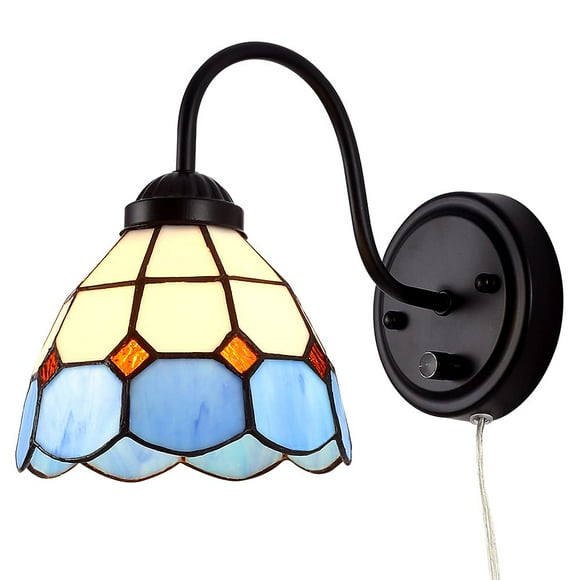 Tiffany Bedside Wall Mount Lamp with Dimmable Switch, Industrial Vintage Gooseneck Wall Sconce with Plug in Cord, Sea Blue Stained Glass Shade Wall Light Perfect for Bedroom, Living Room and