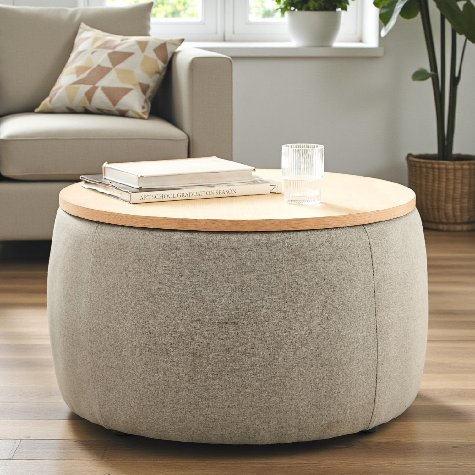 Tcbosik 25.5" Round Ottoman with Storage, End Table with Wood Lid for Home Office Living Room, Light Grey