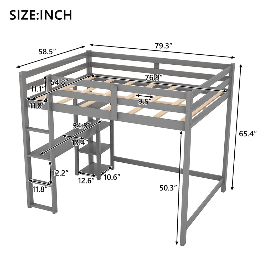 Kadyn Full Size Loft Bed with Built-in Desk and Shelves, No Box Spring Needed, Gray Kadyn Full Size Loft Bed with Built-in Desk and Shelves, No Box Spring Needed, Gray