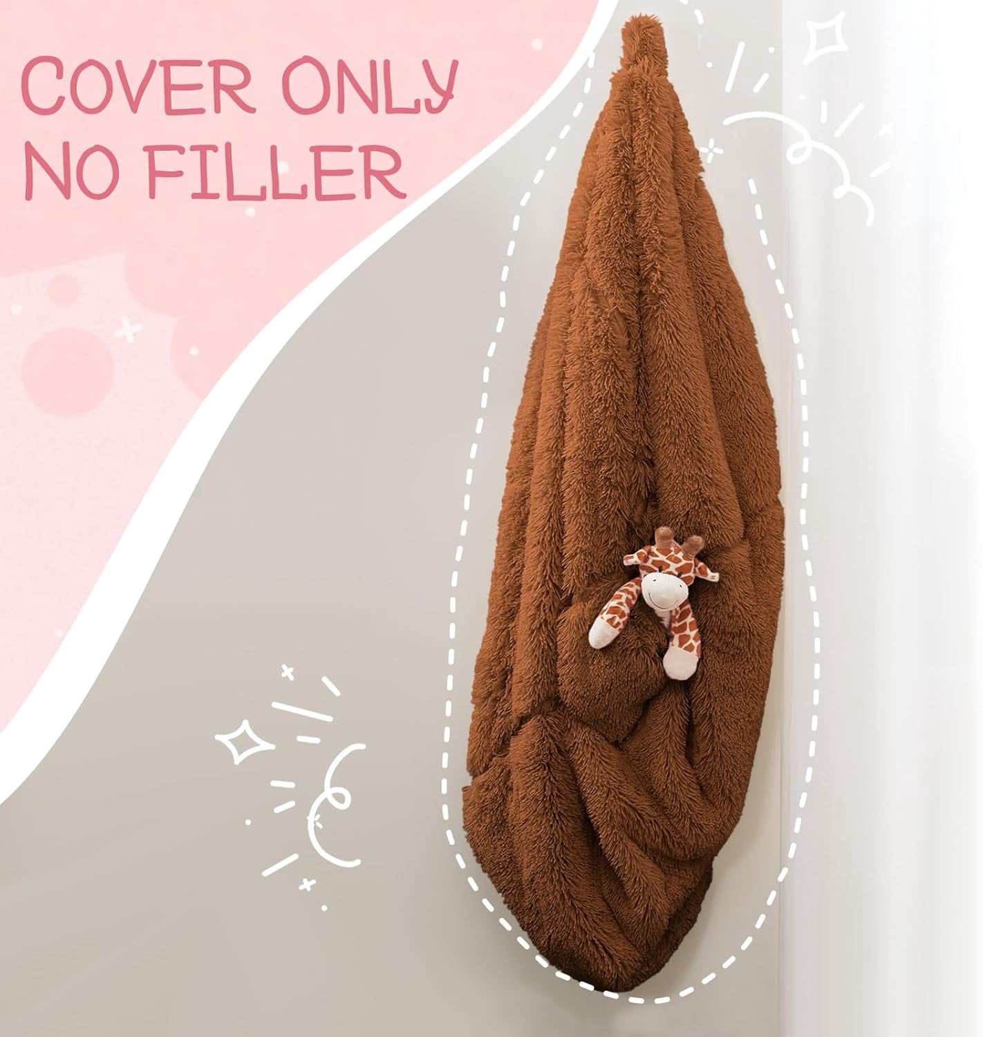 General Bean Bag Cover (No Filler), Stuffed Animal Storage Bean Bag Covers for Kids, Soft Faux Fur Washable Cover with Pocket Handle, Comfy Fluffy Beanbag for Organizing Plush Toys, 27"x21" Brown