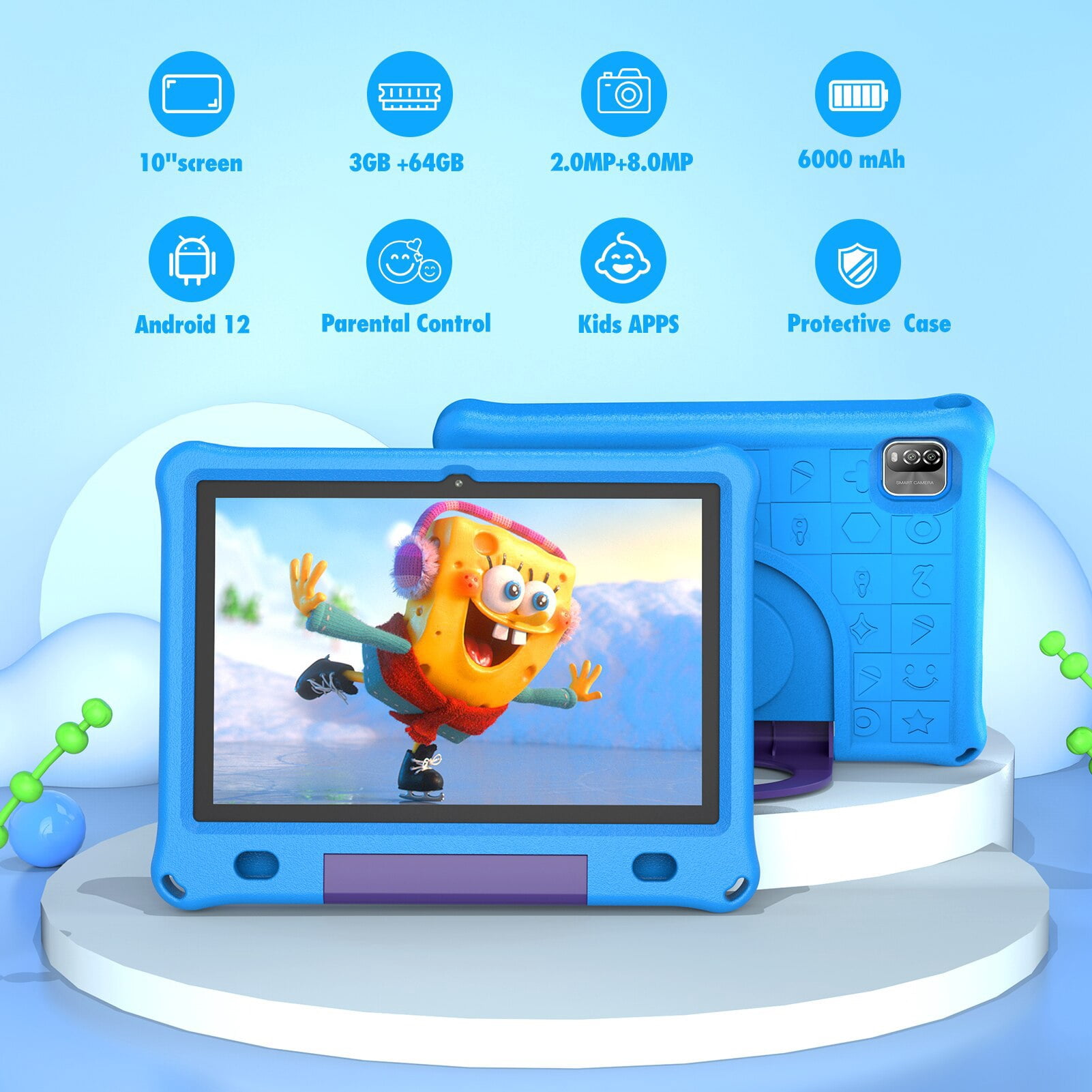 T&C 10.1 Inch Kids Tablet PC, IPS Screen + Capacitive Multi Touch, Powered by New Android 12- 3GB Ram + 64GB Rom- Blue Case
