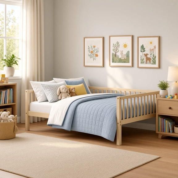 Full Size Daybed with 3-Sided Vertical Slat Guardrail, Solid Wood Slat Support, No Box Spring Needed for Guest Room Dormitory, Natural