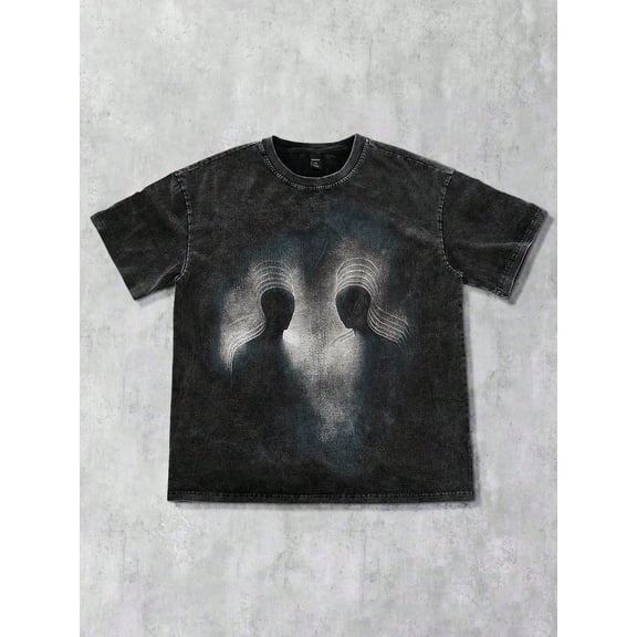 Dual Silhouette Wave Graphic Vintage Oversized Washed High Street Grunge Y2K Short Sleeve Crewneck Cotton Unisex Men's Women's Tee Shirt