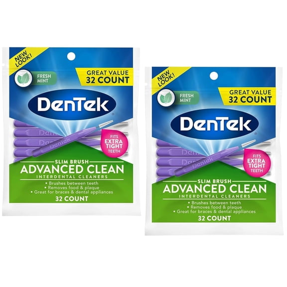 DenTek Slim Brush Advanced Clean Interdental Cleaners, Tight, Fresh Mint, 32 Count - 2 Pack
