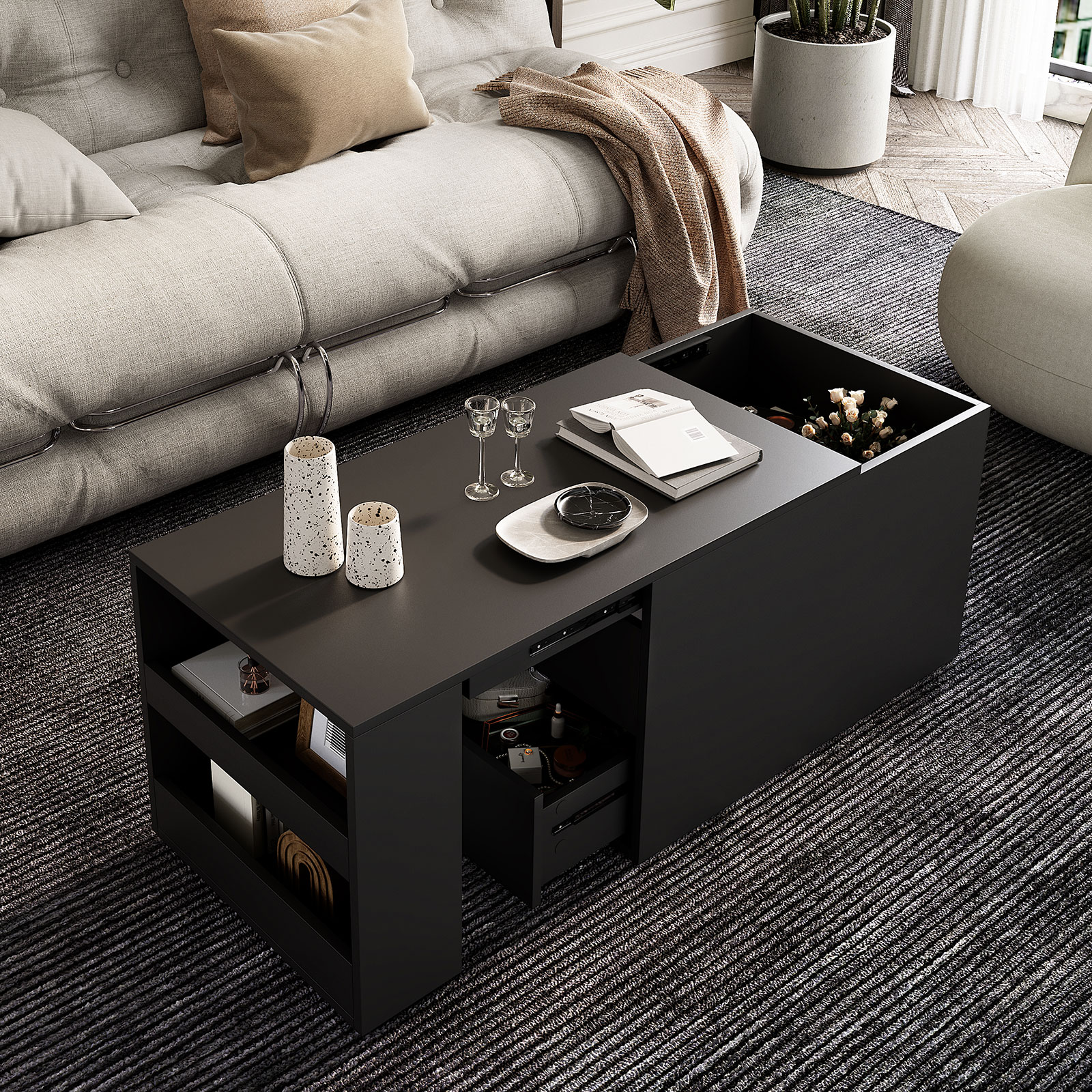 Hironpal Coffee Table with Storage,Pull Out Sliding Top Coffee Table