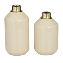 DecMode 10", 8"H Cream Metal Vase with Gold Rims, Set of 2