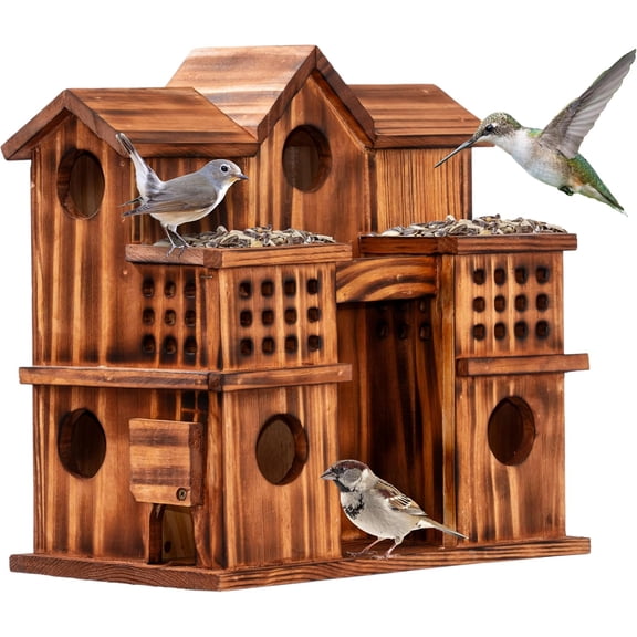 VASGOR 8-Room Wooden Bird House with 2 Front Feeders – Large Outdoor Birdhouse for Multiple Birds, 1.57” Entrance Holes, Easy Access Cleaning Doors, Rustic Burnt Wood Design for Garden, Yard & Patio