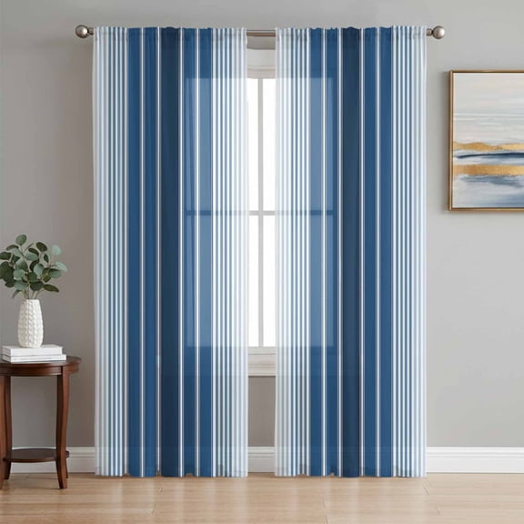 Sheer Curtains 63 Inches Long, Navy Blue Ombre Stripe Light Filtering Window Curtains for Living Room/Bedroom, Farmhouse Simple Striped Rod Pocket Voile Sheer Curtain Drapes, 52"W x 63"L, 2 Panels