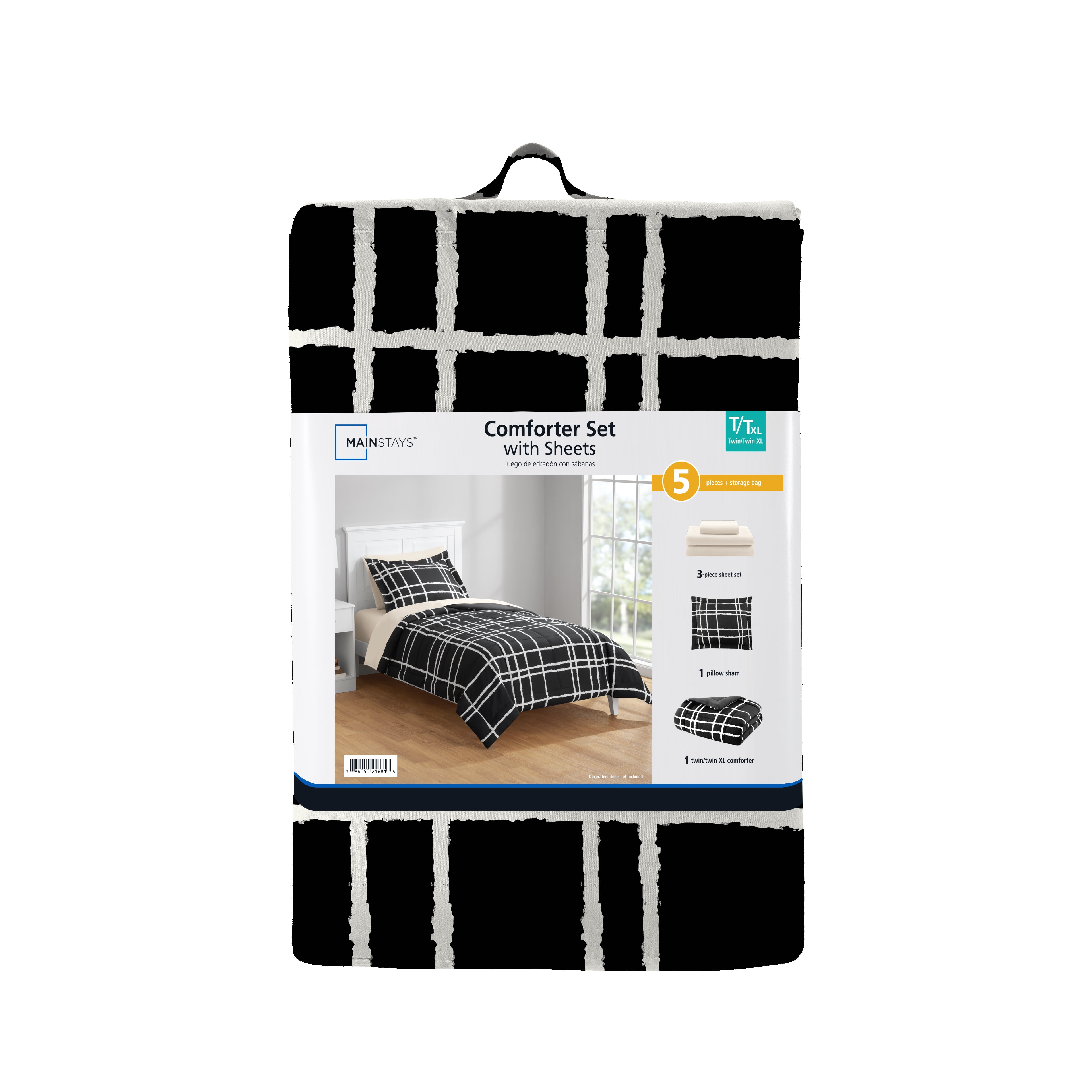 Mainstays 5-Piece Reversible Bed in a Bag Comforter Set with Sheets, Black and White Checker, Twin-XL