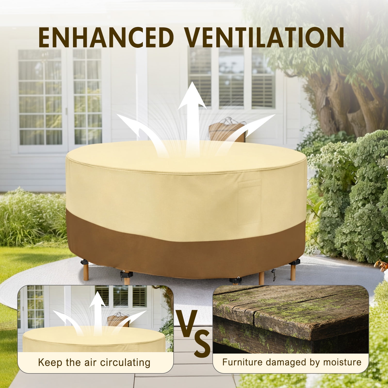 Round Patio Furniture Covers, 84" Dia Outdoor Furniture Covers, Waterproof Outdoor Table Cover, Fire Pit Cover, 420D Cover for Outdoor Furniture Set, Beige&Brown