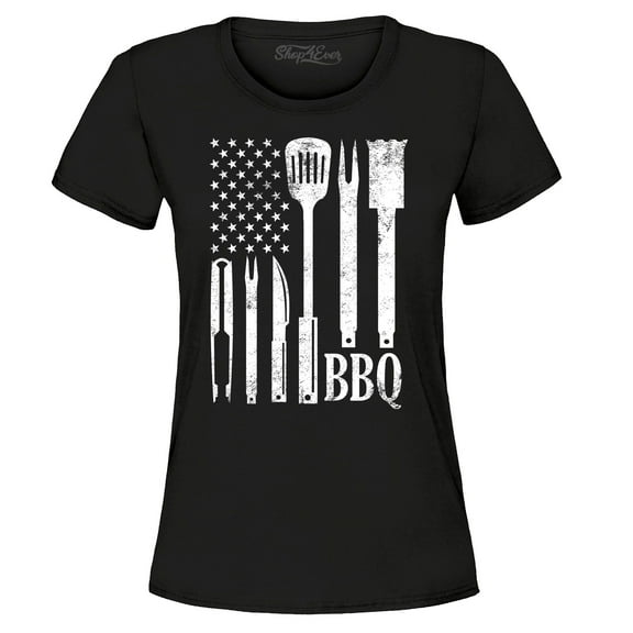 Shop4Ever Women's BBQ American Flag USA Grill Cook Graphic T-Shirt X-Large Black
