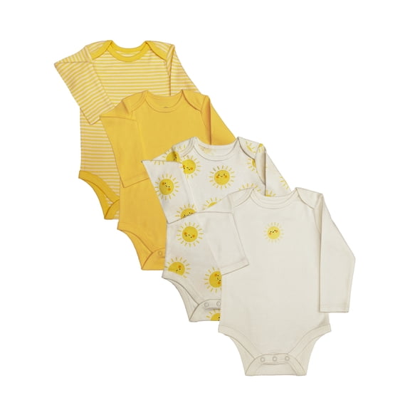 Wonder Nation Baby Gender Neutral 4PK Long Sleeve Body Suit, Sizes 0/3 Months-6/9 Months