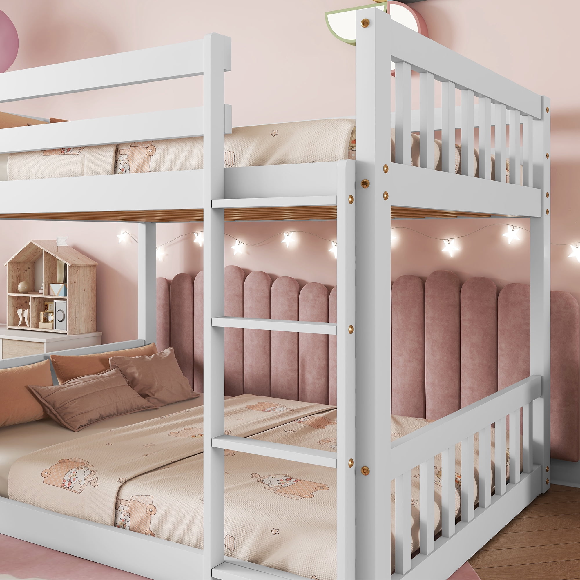 Leumius Twin Over Twin Floor Bunk Bed, Playhouse Floor Bunk Bed with Climbing Ramp, Ladder, Safety Guardrails for Boys Girls White