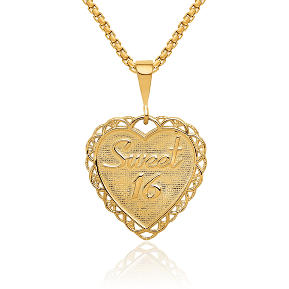 14K Solid Yellow Gold Reversible Sweet 16 Years Old Birthday Necklace Chain Pendant Charm