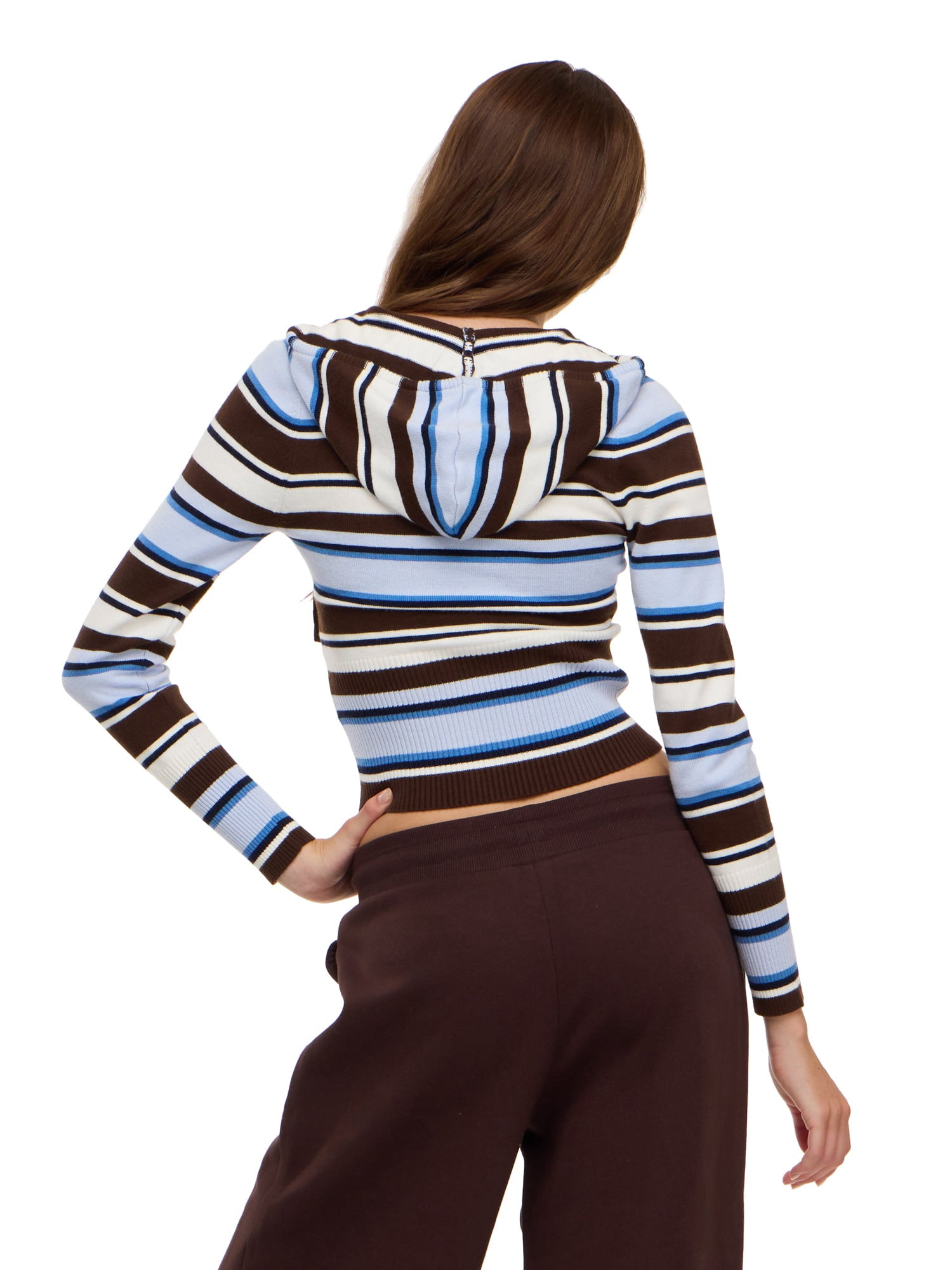 Forever 21 Women's Striped Zip Up Hooded Sweater, Long Sleeve Soft Knit Hoodie, Casual Everyday Streetwear Style Top, Brown, XXS-XXL