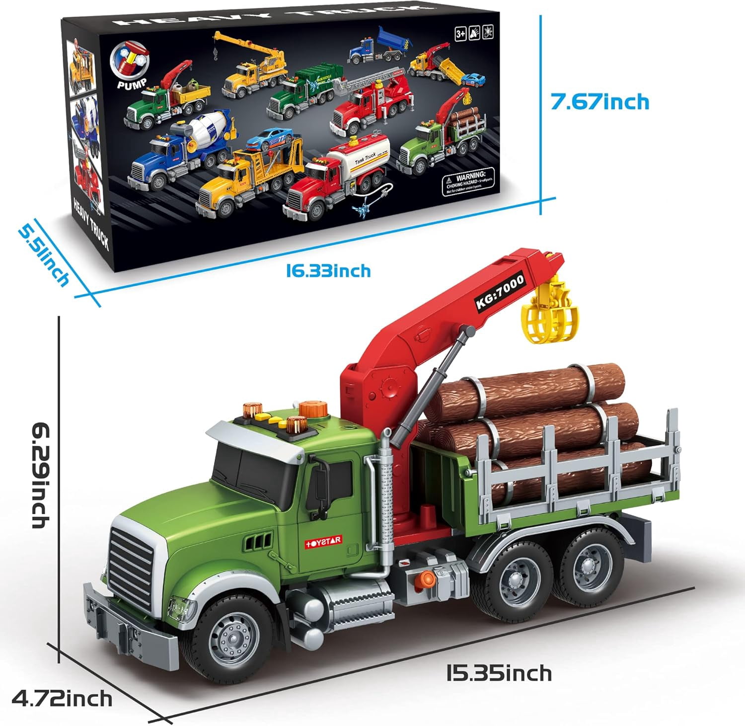 NDTOYS Kids Toys for 3 4 5 6 7 Years Old Boys,15" Large Timber Truck with Loading Crane and 6 Trunks,Birthday Gifts for Boy Toddler Child