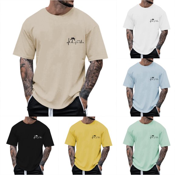 Rggeeun Mens T-Shirts Solid Color Coconut Tree Print Short Sleeve Crew Neck Loose Fit Soft Breathable for Summer Workout Relaxed Tee,Beige,L