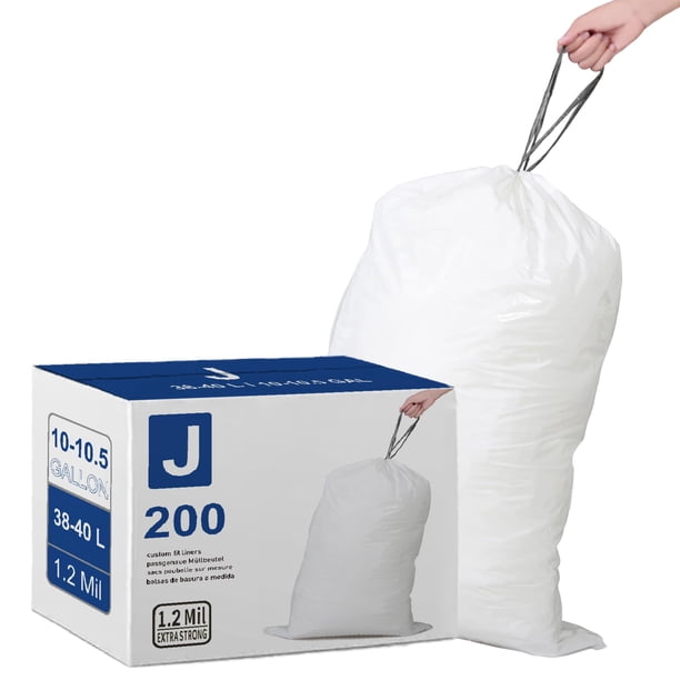 Simplelisa Code J (200 Unidades) Bolsas De Basura De Plástico Con Cordón Resistente De 10 A 10,5 Galones Compatibles Con Code J 1,2 Mil Bolsas De Basura Blancas De 10 A 10,5 Galones/38 A 40 Litros