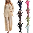 thumbnail image 3 of SAYOO Trajes casuales para mujeres, blusa de manga larga con solapa de color sólido + pantalones elásticos SAYOO moda, 3 of 3