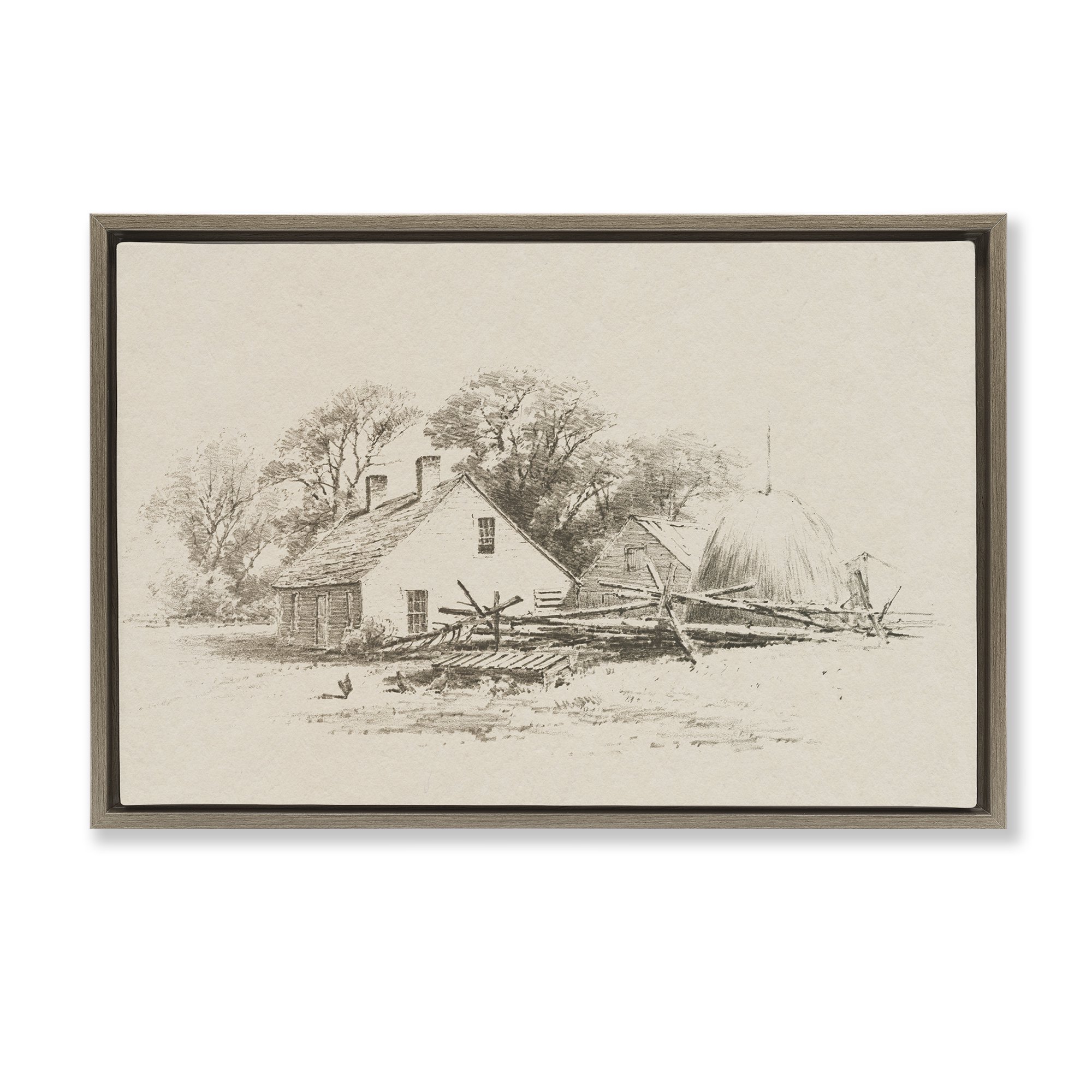 Stupell Industries Cottage Pencil Drawing Brown Framed Floater Canvas Wall Art design by Public Domain 17 x 25
