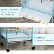 PawHut 55 2 In 1 Bird Cage Aviary Parakeet House for finches, budgies with Wheels, Slide-out Trays, Wood Perch, Food Containers, Light Blue