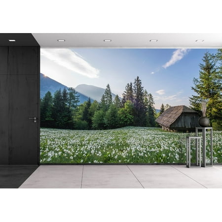 wall26 Wood Hut with Flowers Surrounded with Beautiful Nature Scenery - Removable Wall Mural | Self-adhesive Large Wallpaper - 66x96