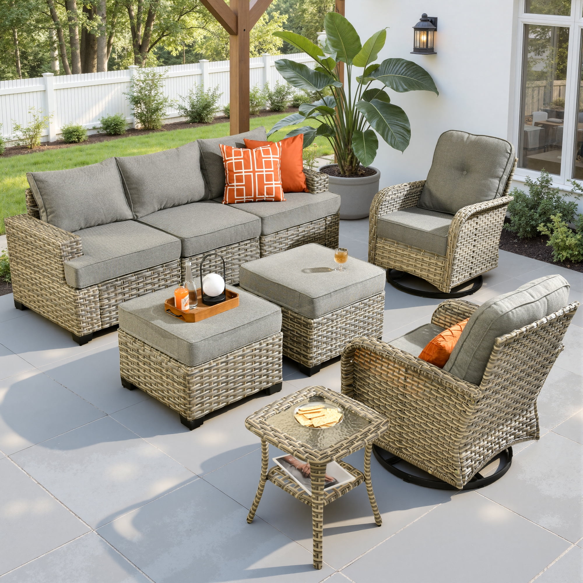 Ovios 8 Pieces Outdoor Patio Sectional Furniture All-Weather Rattan Wicker Conversation with Swivel Glider Rocking Chair Patio Sofa Outdoor Chairs for Backyard Balcony