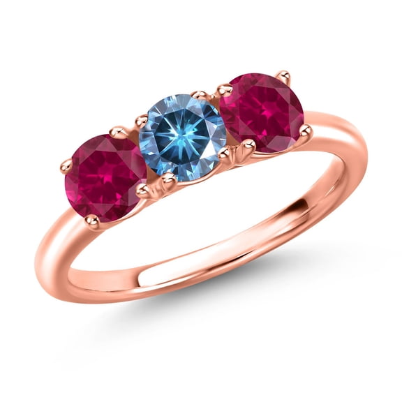 Gem Stone King 18K Rose Gold Plated Silver Persian Blue Moissanite and Red Created Ruby Engagement Ring for Women | 1.70 Cttw | Round 5MM | Gemstone Birthstone | Size 6