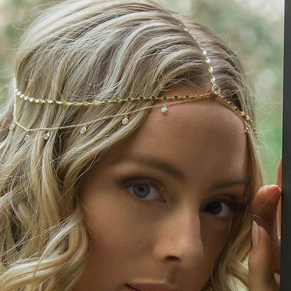 YAOBAMM Bling Bridal Forehead Chain Boho Style Head Chain Rhinestones Pendant Double Layer Elegant Headpiece Bridal Forehead Chain Jewelry Gift Hair Accessory